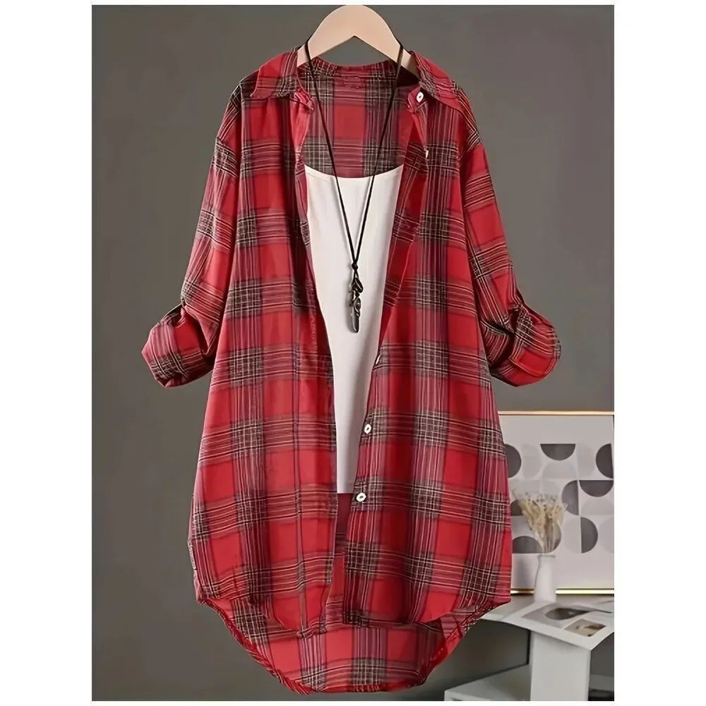 Casual Red Oversized Checkered Long Sleeve Button-up Shirt Roll-Tab Sleeves 22